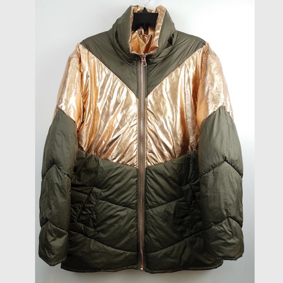 💔SOLD💔FREE PEOPLE Reversible Oversized Puffer Winter Coat Metallic Gold Green - Picture 6 of 12